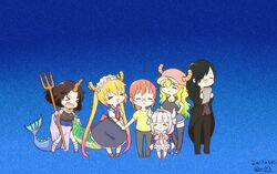  &gt;_&lt; 1boy 5girls :3 :d black_hair black_thighhighs blonde_hair breasts brown_hair butler chibi cleavage closed_eyes commentary curly_hair dated detached_sleeves dragon_girl dragon_horns dragon_tail elbow_gloves elma_(maidragon) fafnir_(maidragon) glasses gloves gradient_hair hair_over_one_eye hairband hat holding holding_hands horns horns_through_headwear kanna_kamui kobayashi-san_chi_no_maidragon kobayashi_(maidragon) large_breasts light_purple_hair long_hair low_twintails lucoa_(maidragon) maid maid_headdress multicolored_hair multiple_girls open_mouth pince-nez polearm ponytail short_hair smile tail taramasalata thighhighs tohru_(maidragon) trident twintails weapon white_gloves white_legwear x3 zettai_ryouiki 