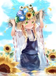  arms_up blonde_hair blue_flower cloud commentary_request day eyeball female flower green_eyes hair_ribbon hands_on_headwear hat hat_flower highres leaf looking_at_viewer moriya_suwako morning_glory petals petals_on_liquid red_ribbon ribbon ribbon-trimmed_sleeves ribbon_trim see-through sidelocks sky smile solo standing straw_hat sunflower touhou tress_ribbon wading water wet wide_sleeves yellow_flower zhu_xiang 