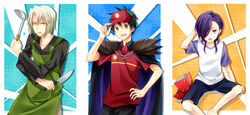  3boys apron ashiya_shirou bag_of_chips cape commentary_request employee_uniform fast_food_uniform hands_on_own_hips hataraku_maou-sama! knife kubyou_azami long_hair male_focus maou_sadao multiple_boys purple_hair spoon uniform urushihara_hanzou visor_cap white_hair 