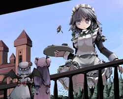  5girls apron arm_at_side back_bow bat_wings battle bird black_dress blue_hair blue_ribbon blue_sky blush bow braid building closed_mouth day double_bun dress duel facing_away flat_chest flock flying frills garter_straps gatau giant giantess grey_hair hair_bun hair_ribbon hat hat_ribbon hong_meiling izayoi_sakuya kirisame_marisa long_dress long_hair long_sleeves looking_at_viewer low-tied_long_hair lowres maid maid_apron maid_headdress medium_hair mob_cap multiple_girls pajamas patchouli_knowledge purple_eyes purple_hair railing red_bow red_ribbon remilia_scarlet ribbon scarlet_devil_mansion short_dress short_hair short_sleeves side_braid sky sleeve_cuffs standing thighhighs third-party_edit touhou tray twin_braids twintails upskirt white_dress white_legwear wings 