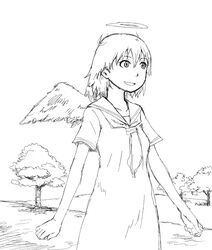  angel angel_wings commentary_request feathered_wings female greyscale haibane_renmei halo messy_hair monochrome naotan outdoors rakka_(haibane) sailor_collar short_hair tree wings 