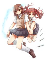  2girls between_fingers brown_eyes brown_hair brown_sweater_vest commentary_request electricity electrokinesis holding holding_needle kneehighs loafers long_hair misaka_mikoto mita_(matsuri68) multiple_girls needle psychic school_uniform science_fiction serafuku shirai_kuroko shoes short_hair shorts shorts_under_skirt skirt socks summer_uniform sweater_vest throwing_needles toaru_kagaku_no_railgun toaru_majutsu_no_index tokiwadai_school_uniform twintails uniform v-neck 