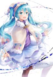  :d alternate_color blue_eyes blue_hair blue_skirt blush brown_footwear capelet cherim commentary_request diamond_(shape) female floating_hair hair_between_eyes hat hatsune_miku layered_skirt leg_up long_hair looking_at_viewer open_mouth outstretched_arms pantyhose purple_sweater skirt smile solo sweater taito_four_seasons_figure_(vocaloid) twintails very_long_hair vocaloid white_background white_pantyhose winter_clothes 