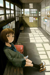  bag bench black_socks brown_eyes brown_hair cellphone commentary_request female from_side full_body indoors leaning_back long_sleeves looking_at_viewer naotan original phone pleated_skirt poster_(object) railroad_tracks school_bag school_uniform serafuku shoes short_hair sitting skirt sneakers socks window window_shadow 