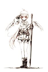  angel_wings belt boots detached_sleeves eternity_sword_series female gauntlets highres hitomaru long_hair monochrome official_art ponytail salute shirt skirt smile solo sword weapon wings yuukyuu_no_euphoria yuyu_bluespirit 