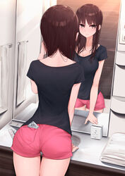  arm_up ass bathroom black_shirt blush breasts brown_eyes brown_hair cleavage closed_mouth commentary_request condom condom_in_clothes condom_wrapper cowboy_shot electrical_outlet female from_behind highres indoors kanju leaning_forward long_hair long_neck looking_at_mirror looking_at_viewer medium_breasts mirror mole mole_under_eye narrow_waist original pantylines pink_shorts pocket reflection shirt short_shorts short_sleeves shorts sink smile solo standing thigh_gap towel wash_cloth 