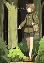  ahoge animal_ears backpack bag belt blush brown_eyes brown_hair commentary_request dog_ears dog_girl dog_tail female full_body hiking inufusa_yuno military military_uniform musical_note outdoors pouch shibasaki_shouji short_hair shorts solo stick tail tree uniform walking world_witches_series 