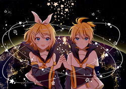  1boy :d absurdres black_shorts blonde_hair blue_eyes brother_and_sister commentary_request detached_sleeves female hair_between_eyes hair_ornament hair_ribbon hairclip highres holding_hands interlocked_fingers kagamine_len kagamine_rin kakami_(pixiv7616827) long_hair neckerchief necktie open_mouth ribbon shirt short_hair short_sleeves shorts siblings sleeveless sleeveless_shirt smile star_(symbol) upper_body vocaloid white_ribbon white_shirt yellow_neckerchief yellow_necktie 