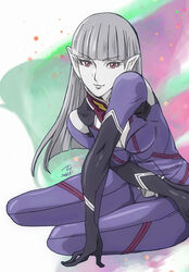  2013 bodysuit breasts cleavage female gamilas grey_hair grey_skin hime_cut jirel kujira_gunsou long_hair looking_at_viewer mirenel_linke pointy_ears purple_eyes shiny shiny_clothes skin_tight smile uchuu_senkan_yamato uchuu_senkan_yamato_2199 