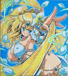  arms_up bad_anatomy beads blonde_hair blue_background blue_eyes blush breasts cleavage commentary_request covered_nipples dancing female flower gem hair_beads hair_flower hair_ornament jewelry large_breasts leaning_forward looking_at_viewer marker_(medium) petals ring sennen_sensou_aigis solo soune1000 traditional_media vivian_(sennen_sensou_aigis) 