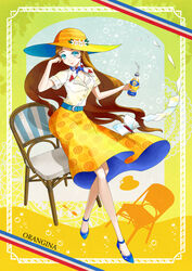  bad_id bad_pixiv_id belt blue_eyes book bottle brown_hair chair character_name drink female flower hat hat_flower high_heels highres legs long_hair looking_at_viewer nekomissile open_book orange_blossoms orangina photoshop_(medium) scarf shoes skirt smile solo two-sided_fabric two-sided_skirt 