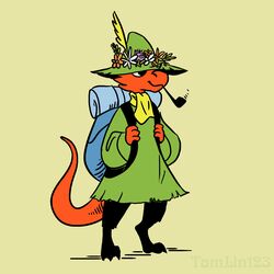  backpack clothing cosplay flower hat headgear headwear hi_res kobold male pipe plant red_body red_scales scales scalie scarf simple_background snufkin solo tamlin123 the_moomins 