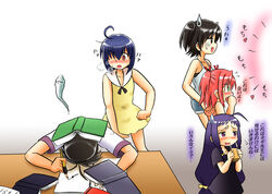  1boy 4girls ahoge akashi_yuuna ayase_yue bare_shoulders blush book book_on_head brown_hair commentary_request dress full-face_blush green_eyes hair_ribbon highres hoshikawa_tsukimi inkblot juice_box long_hair low-tied_long_hair mahou_sensei_negima! miyazaki_nodoka multiple_girls object_on_head pink_hair purple_eyes purple_hair ribbon sasaki_makie short_dress short_twintails side_ponytail smack tank_top translated twintails 