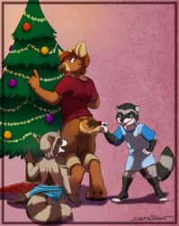  2014 anthro bencoon_(character) blue_eyes blush bottomwear brown_eyes christmas christmas_tree clothed clothing conditional_dnp deer ears_back female furgonomic_bottomwear furgonomics green_eyes group hi_res holidays holly_(sefeiren) hooves horn inside kissing_bough lissy looking_back male mammal mistletoe new_world_deer ornament pants pivoted_ears plant procyonid raccoon reindeer ribbons sefeiren shirt sitting standing tail tail_button_bottoms tail_clothing thick_thighs topwear tree wide_hips young young_anthro 