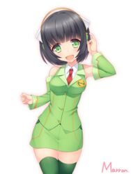  :d amamiya_marron arm_up armpit_peek artist_name bare_shoulders black_hair blush breasts buttons collared_shirt commentary_request cowboy_shot detached_sleeves female formal green_eyes green_jacket green_skirt hair_intakes head_tilt headphones jacket kyoumachi_seika looking_at_viewer medium_breasts necktie open_mouth pencil_skirt red_necktie shiny_skin shirt short_hair signature simple_background skirt skirt_suit sleeveless sleeveless_shirt smile solo standing suit thigh_gap thighhighs voiceroid white_background zettai_ryouiki 