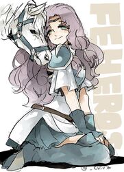  armor breastplate chiva_(wonderworldwood) commentary_request female fingerless_gloves fire_emblem fire_emblem:_the_blazing_blade fire_emblem_heroes florina_(fire_emblem) gloves green_eyes huey_(fire_emblem) long_hair pegasus pegasus_knight_uniform_(fire_emblem) purple_hair shoulder_armor smile thighhighs 