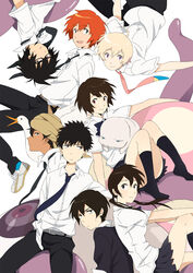  2girls 6+boys :d ahoge akira_agarkar_yamada amputee bad_id bad_pixiv_id belt bird black_hair black_legwear blonde_hair brown_eyes brown_hair cenco cencoroll creator_connection crossover dress_shirt duck glasses haru_(tsuritama) highres kei_(cencoroll) kneehighs long_hair low_twintails mako_(macomaco7) monster multiple_boys multiple_girls necktie open_mouth pleated_skirt purple_eyes red_hair sanada_yuki school_uniform shirt shoes short_hair shuu_(cencoroll) sitting skirt smile sneakers socks tapioka tetsu_(cencoroll) tsuritama turban twintails upside-down usami_natsuki yuki_(cencoroll) 