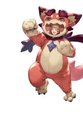  1boy alpha_transparency animal_costume arm_up brown_eyes brown_hair clenched_hand cosplay full_body gran_(granblue_fantasy) granblue_fantasy looking_at_viewer male_focus mascot minaba_hideo official_alternate_costume official_art open_mouth smile solo transparent_background vyrn_(granblue_fantasy) vyrn_(granblue_fantasy)_(cosplay) 