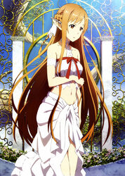  absurdres asuna_(sao) bare_shoulders blue_sky braid branch breasts brown_eyes brown_hair bush cage cloud crop_top day ear_covers elf female flower giant_tree half_updo highres long_hair medium_breasts midriff navel official_art okuda_yousuke pillar pointy_ears scan sky solo stomach sword_art_online thighs titania_(sao) tree very_long_hair yggdrasil_(sao) 