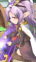  blush cape commentary_request dress female from_side granblue_fantasy hair_ornament harvin instrument koto_(instrument) leglus looking_at_viewer niyon_(granblue_fantasy) pointy_ears ponytail purple_eyes purple_hair thighhighs wheel 