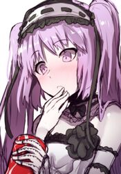  blush can coke cola drinking fate/grand_order fate/hollow_ataraxia fate_(series) female hand_to_mouth headband long_hair purple_eyes purple_hair stheno surprised twintails white_dress 