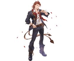  1boy alpha_transparency ascot boots flower full_body granblue_fantasy hand_on_own_hip jacket looking_at_viewer male_focus minaba_hideo official_alternate_costume official_art open_clothes open_jacket percival_(granblue_fantasy) percival_(the_dragon_knights)_(granblue_fantasy) petals red_eyes red_hair rose rose_petals short_hair smile solo the_dragon_knights transparent_background 