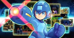  1boy android arm_cannon blue_eyes blue_gloves blue_helmet capcom clenched_hand gloves helmet outstretched_armmale_focus rockman rockman_(classic) rockman_11 smile solo ultimatemaverickx weapon 