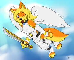  2015 anthro canid canine canis cloud collar cyrell domestic_dog feathered_wings feathers female flying formal fuzzywuff hi_res looking_at_viewer mammal melee_weapon outside simple_background sky skyscape solo sword tongue tongue_out weapon wings 