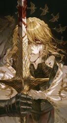  absurdres armor armor_under_clothes blonde_hair blood blood_on_face blood_on_weapon braid braided_bun cloak crown_braid elden_ring elden_ring:_shadow_of_the_erdtree female gauntlets hair_bun highres holding holding_sword holding_weapon knight looking_at_viewer needle_knight_leda ornate ornate_armor rakita short_hair solo sword weapon white_cloak yellow_eyes 
