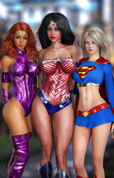  3d 3girls abs alien_girl amazon argoan arm_bands arms_behind_back belly_button belt big_breasts black_hair blonde_hair blue_boots blue_eyes blue_miniskirt blue_shirt blue_skirt boots breastplate breasts busty cape choker cleavage curvaceous curvy dc dc_comics diana_prince erect_nipples erect_nipples_under_clothes eyeshadow female female_only front_view ginger goddess green_eyes green_sclera human justice_league kara_zor-el koriand&#039;r kryptonian large_breasts leotard lipstick makeup mascara medium_breasts midriff miniskirt nail_polish navel necklace nipple_bulge nipples orange_hair pink_lips pinup purple_boots purple_leotard purple_thighhighs red_belt red_boots red_cape red_hair red_lips red_lipstick red_nail_polish red_nails shirt signature skirt standing starfire stomach supergirl superheroine superman_(series) tamaranean teen_titans themysciran thick_thighs thigh_boots thighs tiangtam tiara voluptuous wonder_woman wonder_woman_(series) 