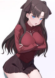  absurdres black_skirt blue_eyes breasts brown_hair crossed_arms fate/stay_night fate_(series) female gamangajo hair_ribbon highres large_breasts long_hair long_sleeves looking_at_viewer open_mouth parted_bangs red_shirt ribbon shirt skirt tohsaka_rin two_side_up 