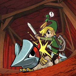  beak belt big_eyes bird_feet blonde_hair clash combat exclamation_point eyebrows eyes ezlo fight fighting green_hat green_shirt helmasaur helmet holding_shield holding_sword holding_weapon link nintendo official_art pointy_ears running shield smoke sword teeth the_legend_of_zelda the_legend_of_zelda:_the_minish_cap toon_link underground video_games white_pants 