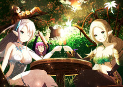  4girls alternate_costume artist_request bare_shoulders blonde_hair blue_eyes blush bra breasts brown_hair closed_eyes cup dosarta_(king&#039;s_raid) drinking_glass elf forest glass green_eyes harpy highres king&#039;s_raid large_breasts leotard long_hair lorraine_(king&#039;s_raid) monster_girl multiple_girls naila_(king&#039;s_raid) nature one_eye_closed open_mouth pantyhose pointy_ears ponytail purple_hair selene_(king&#039;s_raid) shiny shiny_hair shiny_skin sleeping smile thighhighs underwear very_long_hair wine_glass wink 