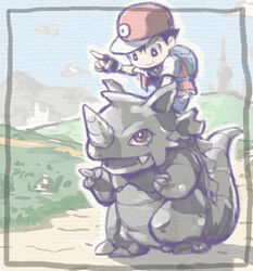  1boy backpack bag baseball_cap commentary_request dirt_road fingerless_gloves gloves grass hat hill looking_at_another mountain murasaki_no_ryuuki outdoors pointing poke_ball poke_ball_(basic) pokemon pokemon_(creature) pokemon_rgby red_(pokemon) red_eyes red_headwear rhydon riding riding_pokemon road 