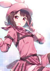  :d animal_ears arm_belt bandana belt belt_pouch black_hair blush breast_pocket camouflage chest_belt commentary_request elbow_pads female fur-trimmed_gloves fur_trim gloves hazuki_(sutasuta) highres llenn_(sao) long_sleeves military military_uniform open_mouth pants photoshop_(medium) pink_bandana pink_gloves pink_headwear pink_pants pink_shirt pocket pouch rabbit_ears red_eyes shirt short_hair sitting smile solo sword_art_online sword_art_online_alternative:_gun_gale_online uniform v 