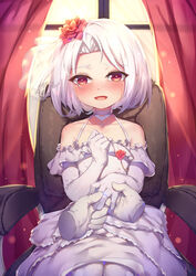  :d absurdres anchor backlighting bad_id bad_pixiv_id bare_shoulders blush choker collarbone commentary_request crying crying_with_eyes_open curtains disembodied_hand dress elbow_gloves female flower forehead gloves hair_flower hair_ornament hand_up happy_tears highres indoors jewelry looking_at_viewer office_lady on_chair open_mouth pantyhose parted_bangs putting_on_jewelry ray_(pixiv9514208) red_eyes red_flower red_rose ring rose see-through short_hair sitting sleeveless sleeveless_dress smile solo_focus sunset tears veil vittorio_veneto_(warship_girls_r) warship_girls_r wedding_dress wedding_ring white_choker white_dress white_gloves white_hair white_legwear window 