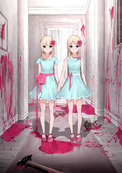  2girls axe bare_arms bare_legs bare_shoulders blonde_hair blood blue_dress blue_eyes closed_mouth collarbone commentary dress expressionless flower full_body grady_sisters_(the_shining) hair_flower hair_ornament highres holding_hands indoors jewelry kanju long_hair looking_at_viewer multiple_girls necklace original parted_bangs pink_blood pink_flower pink_footwear pink_ribbon ribbon shoes short_sleeves side-by-side sleeveless sleeveless_dress standing stuffed_animal stuffed_toy teddy_bear the_shining thighs 