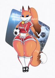  2019 absurd_res adidas anthro ball big_breasts bitchie_foxx bodily_fluids bottomwear breasts canid canine cleats closed_eyes clothed clothing countershading dipstick_ears dipstick_tail ear_markings eyeliner female floodlight footwear fox freckles fur gloves_(marking) hair hi_res legwear liverpool_f._c. long_hair makeup mammal markings midriff multicolored_ears multicolored_tail navel nike orange_body orange_fur orange_hair ponytail sharp_teeth shoes shorts smutbunny soccer_ball soccer_net soccer_uniform socks solo sportswear sweat tail tail_markings teeth thick_thighs uniform whistle_(disambiguation) white_body white_countershading white_fur wide_hips 