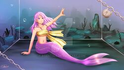  annie_the_mermaid captured female glass hair humanoid huuxera lock marine merfolk pink_body pink_eyes pink_hair pink_scales scales split_form the_goonies underwater water watermark 