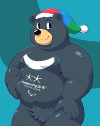  2019 anthro bandabi bear belly black_bear black_body black_fur black_nose blush clothing fur hat headgear headwear hi_res humanoid_hands jumperbear male mammal moon_bear olympics overweight overweight_anthro overweight_male solo ursine 