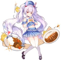  absurdly_long_hair azur_lane blue_skirt blush closed_mouth crop_top curry curry_rice female food full_body heart heart_hands katsu_curry laffey_(azur_lane) laffey_(bunny_clerk?)_(azur_lane) long_hair looking_at_viewer navel official_alternate_costume official_art plate purple_hair red_eyes rice sakura_koharu skirt solo thighhighs transparent_background twintails very_long_hair white_thighhighs 