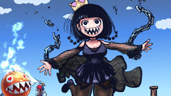  1boy black_dress black_footwear black_hair black_legwear blue_sky bob_cut breasts broken broken_chain chain_chomp chains cloud commentary_request dress f.l.u.d.d. female heart heart-shaped_eyes highres lovestruck mario mario_(series) murasaki_no_ryuuki pantyhose princess_chain_chomp sharp_teeth sky super_crown super_mario_sunshine teeth 