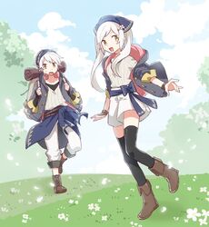  1boy alternate_costume backpack bag bandana belt black_gloves black_legwear blue_sky cloud commentary_request day female fingerless_gloves fire_emblem fire_emblem_awakening fire_emblem_heroes flower gloves grass holding_strap long_sleeves menoko open_mouth outdoors petals protected_link robin_(female)_(fire_emblem) robin_(fire_emblem) robin_(male)_(fire_emblem) short_hair sky thighhighs white_hair yellow_eyes 