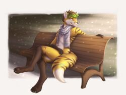  4:3 anthro canid canine clothing felid fox hybrid male mammal mostly_nude pantherine relaxing scarf scarf_only seaer sitting smile snow solo tiger zane_krutiz 