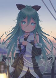  :o black_ribbon black_serafuku blue_neckerchief commentary_request detached_sleeves female fence gradient_background green_eyes green_hair hair_between_eyes hair_ornament hair_ribbon hairclip hand_on_own_chest hane_yoshiyumi highres kantai_collection lantern long_hair looking_at_viewer neckerchief ocean open_mouth parted_bangs ribbon school_uniform serafuku yamakaze_(kancolle) 