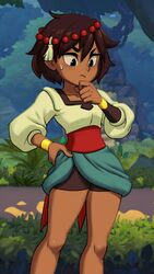  ajna ajna_(indivisible) armband beads brown_hair bush bushes close-up dark_skin dark_skinned_female eyebrows female female female_focus grass hand_on_chin indivisible jungle legs outdoors rock screencap spats stone sweatdrop thinking video_games waist_cape 