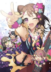  5girls :d ;d ^_^ animal armpits bang_dream! black_hair blonde_hair brown_hair chibi chocolate_cornet closed_eyes commentary_request cone_hair_bun confetti crop_top drumsticks earrings electric_guitar food gambe green_eyes guitar hair_bun hair_flaps hair_ornament hair_ribbon hanazono_tae heart holding holding_animal ichigaya_arisa instrument jewelry mini_person minigirl multiple_girls navel on_shoulder one_eye_closed open_mouth outstretched_arm paint_stains polka_dot polka_dot_skirt pom_pom_(clothes) poppin&#039;party purple_eyes rabbit ribbon short_hair skirt smile star_(symbol) star_hair_ornament striped suspenders toyama_kasumi twintails ushigome_rimi v-shaped_eyebrows w yamabuki_saya yellow_eyes yellow_ribbon 