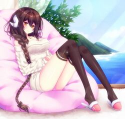  azur_lane bad_id bad_twitter_id braid braided_ponytail breasts brown_hair cleavage commentary_request female hair_between_eyes horns long_hair long_sleeves medium_breasts mikasa_(azur_lane) mikoto_(mikoto_r_a) off-shoulder_sweater off_shoulder single_braid slippers smile socks solo sweater white_sweater 