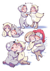  2girls :o ;d animal_costume bangs bed_sheet blue_eyes commentary_request cuddling feeding food fruit grey_hair grin hand_holding heart highres hood hood_up kanabun koala_costume lolicon looking_at_viewer love_live! love_live!_sunshine!! mandarin_orange multiple_girls multiple_views one_eye_closed open_mouth orange_hair owl_costume red_eyes sitting sleeping smile standing stuffed_shrimp takami_chika u_u uchicchii wariza watanabe_you younger zzz 