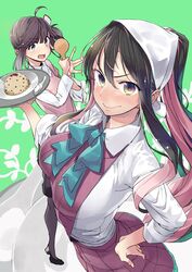  2girls ahoge alternate_costume black_hair blush bow bowtie breasts commentary_request dress food fried_rice grey_eyes hair_ribbon halterneck hayanami_(kancolle) hidori_(hibi_toridori) holding holding_spoon holding_tray kantai_collection large_breasts long_hair looking_at_viewer multicolored_hair multiple_girls naganami_(kancolle) open_mouth pantyhose pink_hair pink_sweater purple_dress purple_hair ribbon short_hair side_ponytail sidelocks spoon sweater tray v-shaped_eyebrows white_ribbon 